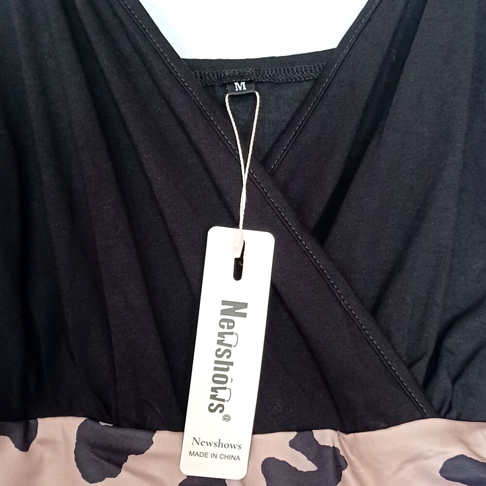 Newshows Women’s M Black/Beige Maxi Dress Crossed Overlay, Split-Front Leopard - Picture 4 of 11